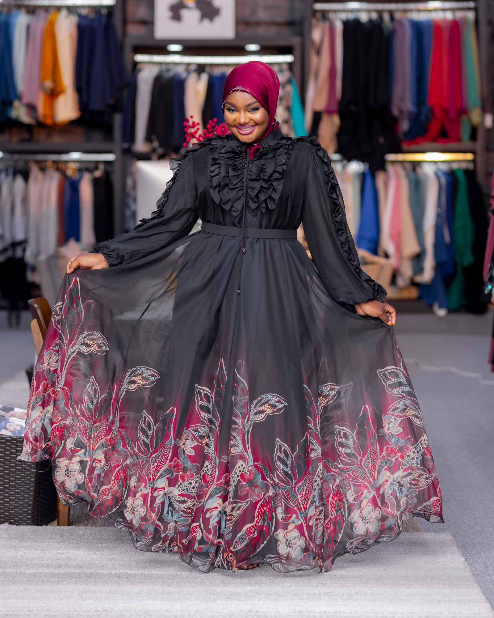 Black Floral Ruffled Abaya — view 1