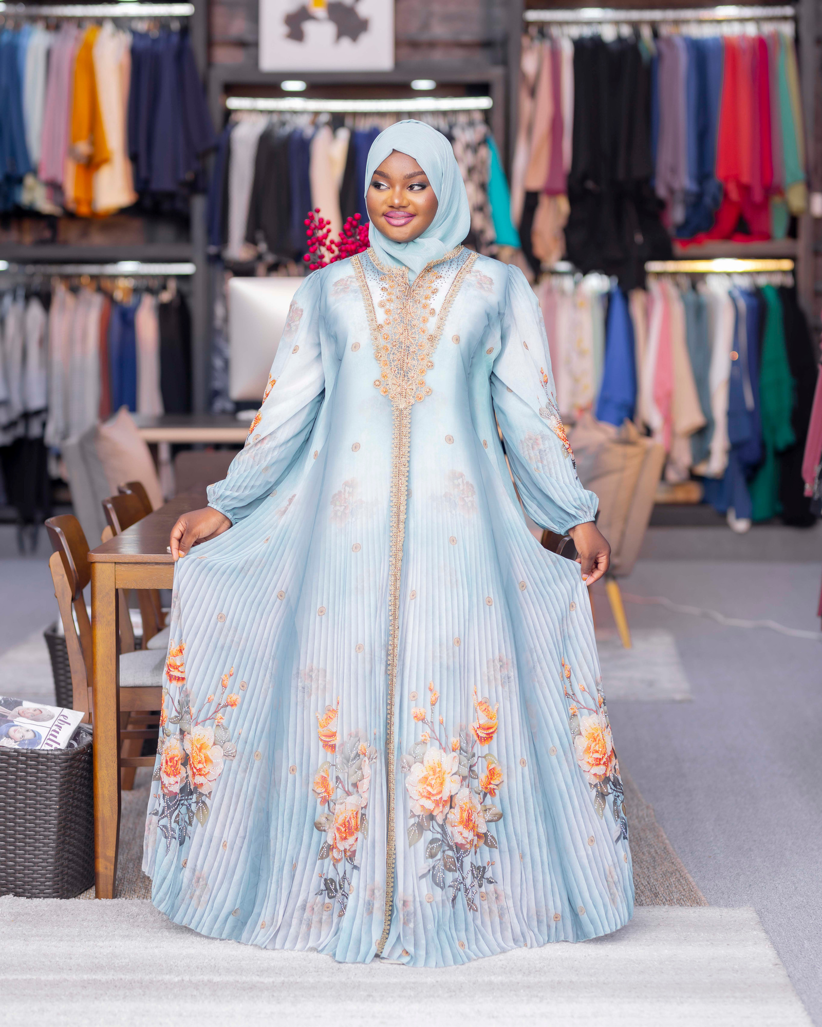 Pleated Floral Embroidered Abaya — view 1